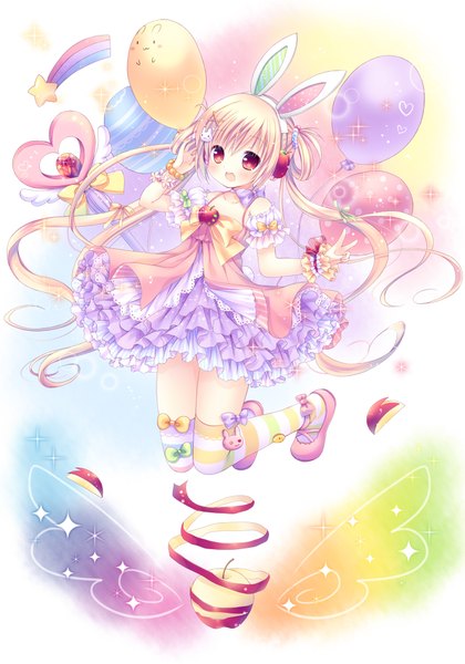 Anime picture 1400x2000 with original mizuse ruka single tall image blush open mouth blonde hair red eyes animal ears very long hair fake animal ears girl thighhighs dress frills striped thighhighs fruit apple balloon