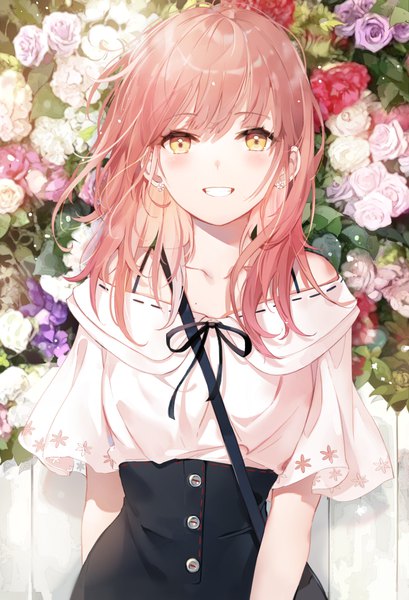 Anime picture 4099x6018 with original emyo single long hair tall image looking at viewer blush fringe highres smile hair between eyes standing bare shoulders yellow eyes pink hair absurdres upper body outdoors blunt bangs off shoulder