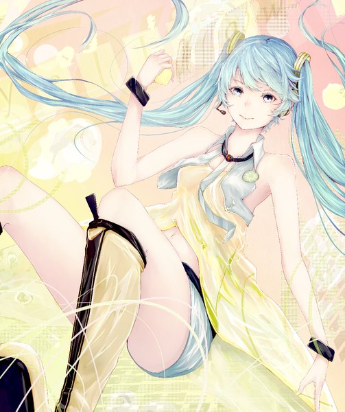 Anime picture 1026x1224 with vocaloid hatsune miku marumoru single tall image looking at viewer blue eyes sitting twintails very long hair aqua hair girl shorts boots bracelet headphones vest fruit microphone lemon