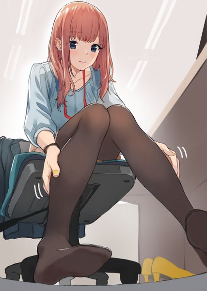 Anime picture 859x1208 with original doushimasho single long hair tall image looking at viewer blush fringe brown hair sitting payot full body bent knee (knees) indoors blunt bangs nail polish black eyes from below short sleeves high heels