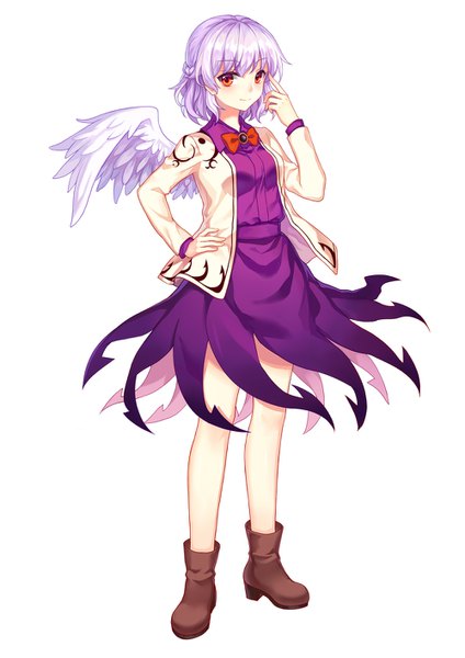 Anime picture 1000x1414 with touhou kishin sagume mirror (xilu4) single tall image looking at viewer blush short hair simple background red eyes white background silver hair full body light smile hand on hip half updo single wing girl wings boots