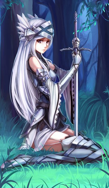 Anime picture 900x1548 with log horizon reinesia el arte cowen nian (zhanian) single long hair tall image looking at viewer blue eyes sitting white hair girl dress hair ornament weapon plant (plants) detached sleeves sword tree (trees) armor thigh boots
