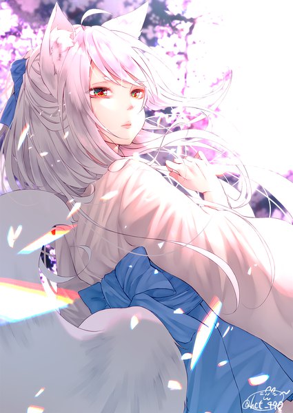 Anime picture 1417x2000 with original chita (ketchup) single long hair tall image fringe red eyes standing signed animal ears looking away silver hair upper body ahoge long sleeves traditional clothes parted lips japanese clothes wind lips