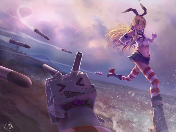 Anime picture 1872x1402 with kantai collection shimakaze destroyer rensouhou-chan jay xu long hair fringe highres short hair open mouth blonde hair bare shoulders brown eyes signed sky cloud (clouds) pleated skirt bare belly sand clenched teeth > <