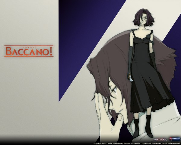 Anime picture 1280x1024 with baccano! chane laforet huey laforet short hair open mouth black hair smile bare shoulders yellow eyes profile dress gloves elbow gloves boots black dress knife