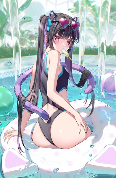 Anime picture 900x1378 with original rosuuri single long hair tall image looking at viewer blush fringe light erotic black hair purple eyes twintails holding signed animal ears outdoors ass tail blunt bangs nail polish