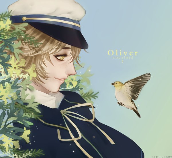 Anime picture 1024x941 with vocaloid oliver james (vocaloid) leirix single short hair blonde hair smile signed yellow eyes profile glow boy uniform flower (flowers) ribbon (ribbons) hat animal bird (birds) cap