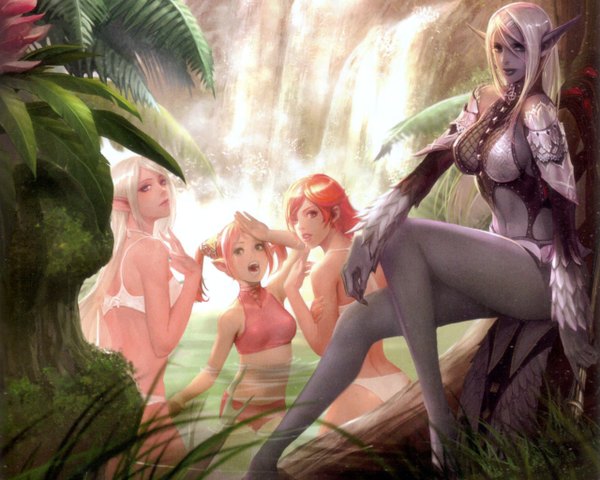 Anime picture 1280x1024 with lineage (game) long hair looking at viewer blush fringe short hair breasts open mouth blue eyes light erotic smile red eyes standing sitting bare shoulders multiple girls white hair looking back fingernails light smile