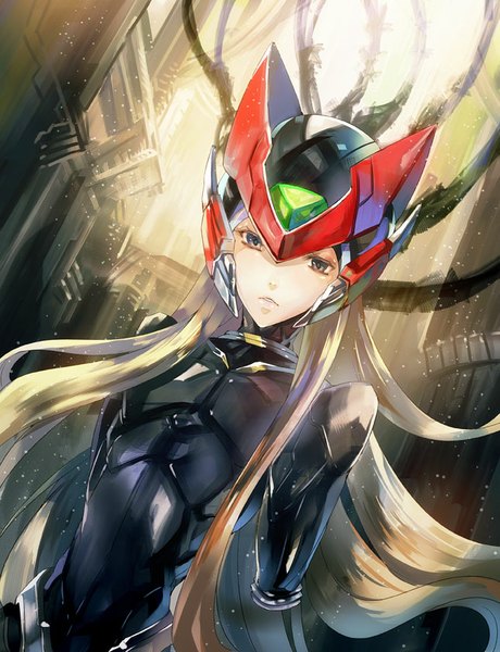 Anime picture 645x840 with rockman x rockman zero zero (rockman) noki (affabile) single long hair tall image looking at viewer blonde hair brown eyes parted lips lips otoko no ko boy bodysuit helmet