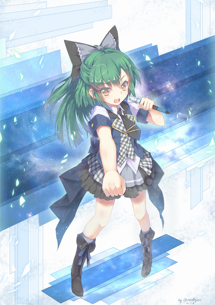 Anime picture 1754x2480 with akb0048 takahashi minami (akb0048) north abyssor single long hair tall image highres open mouth smile yellow eyes looking away green hair girl dress skirt bow hair bow necktie boots microphone