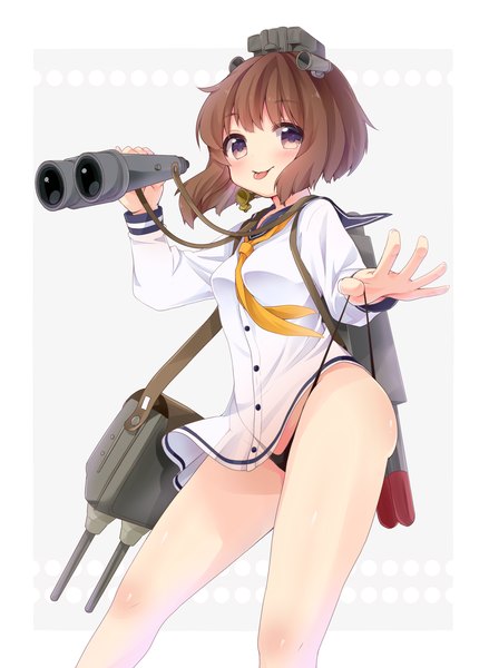 Anime picture 1485x2030 with kantai collection yukikaze destroyer shiika yuno single tall image looking at viewer blush fringe short hair light erotic smile brown hair brown eyes girl underwear panties tongue sailor suit thong binoculars