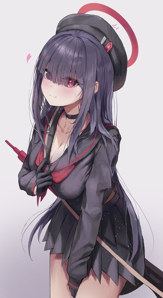 Anime picture 1838x3365 with blue archive justice committee club member (blue archive) dotthebot single long hair tall image highres breasts light erotic black hair simple background smile red eyes large breasts cleavage from above gradient background hair over eyes shirt pull girl