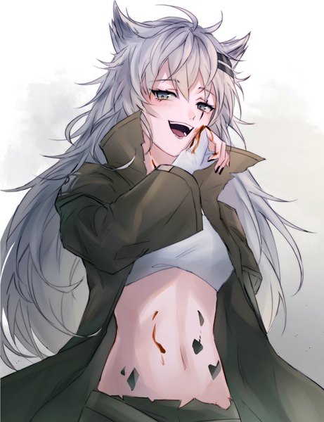 Anime-Bild 1000x1300 mit arknights lappland (arknights) haku wi single long hair tall image looking at viewer open mouth animal ears silver hair upper body :d midriff grey eyes scar hand on face blood on face oripathy lesion (arknights) girl blood