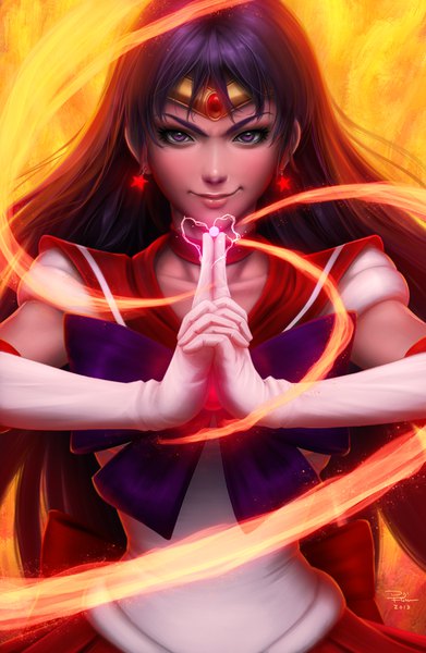 Anime picture 783x1200 with bishoujo senshi sailor moon toei animation hino rei sailor mars digiflohw single long hair tall image looking at viewer blush smile standing purple eyes signed purple hair realistic short sleeves glowing hands clasped interlocked fingers