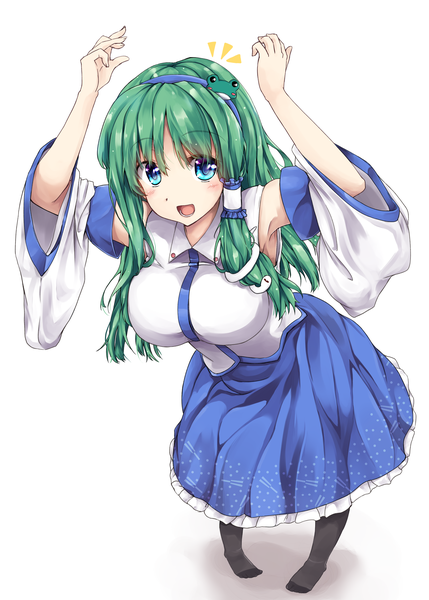 Anime picture 2595x3629 with touhou kochiya sanae fule single long hair tall image looking at viewer blush highres breasts open mouth blue eyes full body :d green hair from above arms up leaning no shoes leaning forward