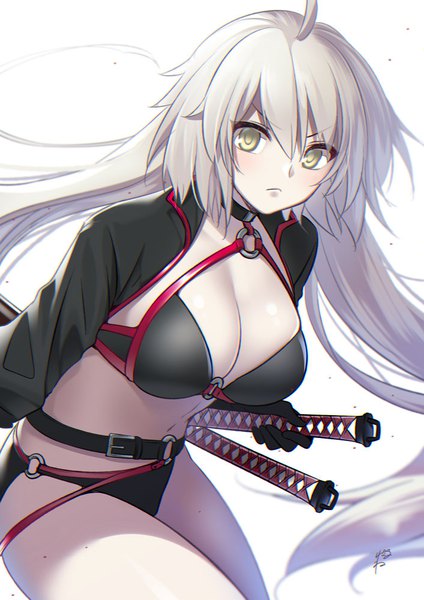 Anime picture 706x1000 with fate (series) fate/grand order jeanne d'arc (fate) (all) jeanne d'arc alter (fate) jeanne d'arc alter (swimsuit berserker) (fate) suzuki nene single long hair tall image looking at viewer blush fringe breasts light erotic simple background hair between eyes large breasts white background yellow eyes silver hair