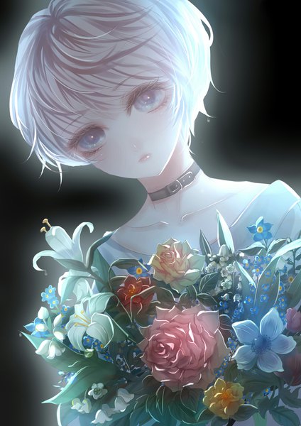 Anime picture 1240x1754 with original wuc single tall image looking at viewer fringe short hair blue eyes simple background hair between eyes silver hair upper body black background backlighting boy flower (flowers) choker rose (roses) bouquet red rose