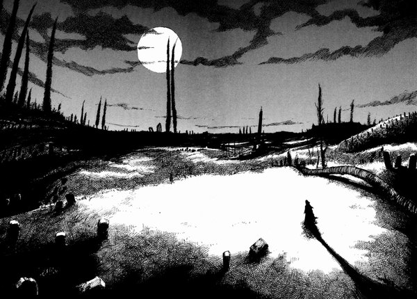 Anime picture 1534x1100 with blame! cloud (clouds) monochrome silhouette moon