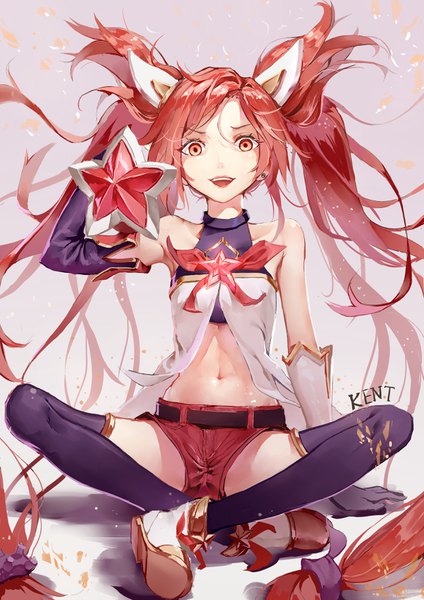Anime picture 2480x3507 with league of legends jinx (league of legends) star guardian jinx kentllaall single long hair tall image looking at viewer highres open mouth light erotic smile sitting twintails bare shoulders brown eyes signed animal ears red hair arm support
