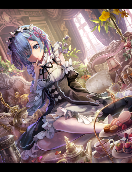 Anime picture 800x1040 with re:zero kara hajimeru isekai seikatsu white fox rem (re:zero) torino aqua single tall image looking at viewer fringe short hair blue eyes sitting blue hair bent knee (knees) head tilt maid finger to mouth letterboxed revision girl dress