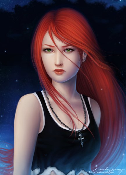 イラスト 650x900 と zolaida (artist) ソロ 長髪 長身像 緑の目 赤髪 lips realistic 女の子 チョーカー Tシャツ
