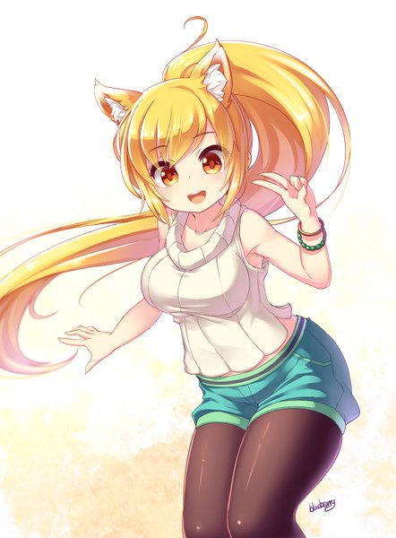 Anime picture 1227x1665 with original blueberry (5959) single long hair tall image looking at viewer fringe breasts open mouth blonde hair smile large breasts white background signed animal ears yellow eyes ponytail victory wolf ears casual