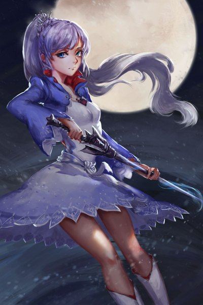 Anime picture 1000x1500 with rwby rooster teeth weiss schnee xuetu13 single long hair tall image looking at viewer blue eyes holding white hair ponytail long sleeves night wide sleeves snowing dark background winter snow girl