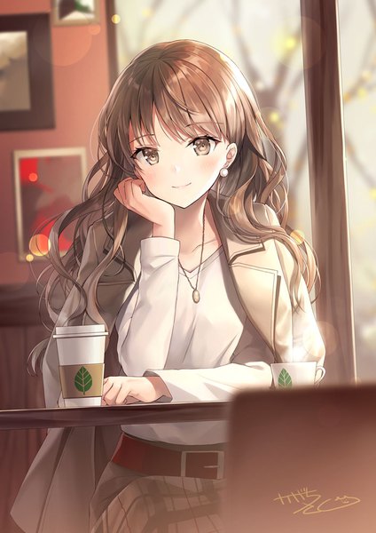 Anime picture 707x1000 with original kagachi saku single long hair tall image looking at viewer blush fringe brown hair sitting brown eyes signed indoors light smile blurry depth of field lens flare wavy hair steam clothes on shoulders