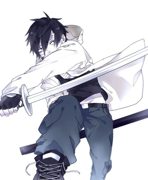 Anime picture 700x850 with gangsta. nicolas brown tagme (artist) single tall image looking at viewer fringe short hair black hair simple background white background wind black eyes open clothes open jacket outstretched arm groin lacing fighting stance bandaid on face