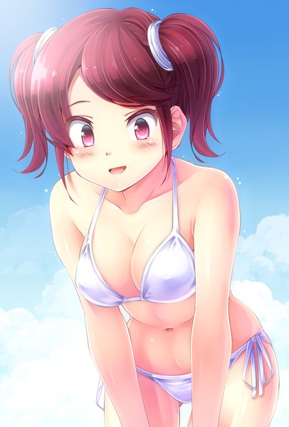 Anime picture 900x1330 with power pro kun pocket nonomura ai komimiyako tall image looking at viewer blush short hair open mouth light erotic purple eyes twintails sky cleavage purple hair cloud (clouds) midriff short twintails girl swimsuit bikini