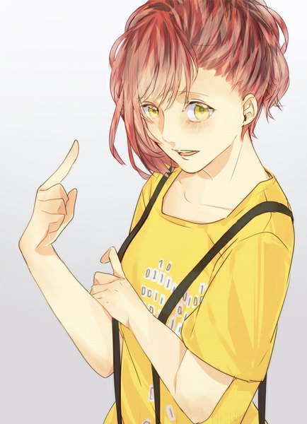 Anime picture 620x856 with uta no prince-sama a-1 pictures nanami haruka (uta no prince-sama) tsuchifu mazu single tall image looking at viewer fringe short hair open mouth simple background yellow eyes red hair grey background alternate costume gradient background cosplay girl t-shirt suspenders