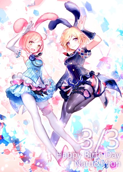 Anime picture 688x964 with pretty rhythm pretty rhythm rainbow live pretty (series) irua tall image looking at viewer blush fringe short hair open mouth blonde hair smile standing purple eyes bare shoulders multiple girls animal ears yellow eyes pink hair bent knee (knees)