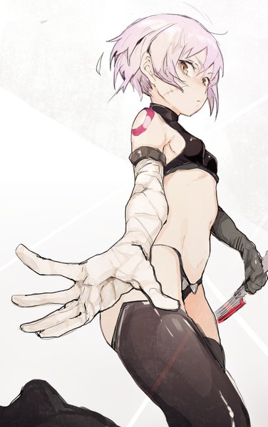 Anime picture 927x1476 with fate (series) fate/apocrypha jack the ripper (fate/apocrypha) hiranko single tall image looking at viewer short hair light erotic simple background white background yellow eyes pink hair bare belly tattoo outstretched arm scar girl thighhighs underwear