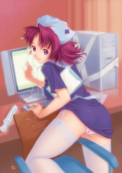 Anime picture 1240x1754 with kobayashi yuji single tall image light erotic skirt lift nurse girl thighhighs underwear panties garter straps