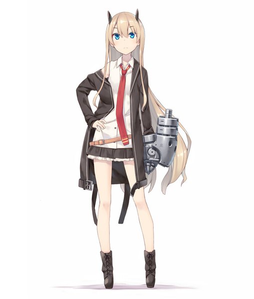 Anime picture 700x825 with original poco (asahi age) single long hair tall image looking at viewer blush fringe simple background blonde hair hair between eyes standing white background payot full body pleated skirt horn (horns) aqua eyes lacing mechanical
