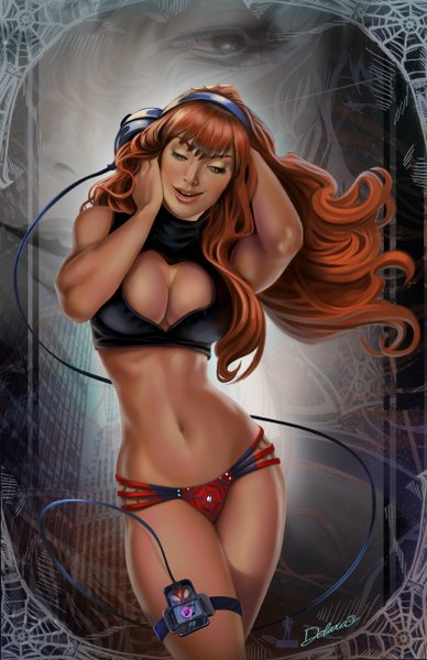 Anime picture 792x1224 with marvel comics mary jane watson cris delara single long hair tall image breasts light erotic smile large breasts looking away cleavage lips black eyes orange hair bare belly girl navel underwear panties