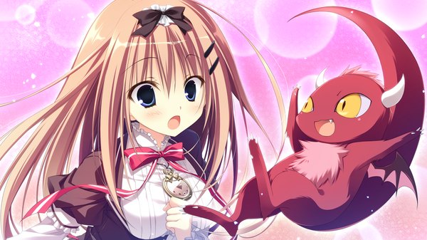 Anime picture 1280x720 with majo koi nikki nanno alice inugami kira long hair blush open mouth blue eyes brown hair wide image game cg horn (horns) pink background surprised demon girl uniform bow hair bow school uniform pendant