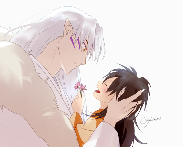 Anime picture 1865x1500 with inuyasha sesshomaru rin (inuyasha) omochi daifuku long hair highres open mouth simple background brown hair white background signed yellow eyes silver hair eyes closed traditional clothes japanese clothes profile pointy ears twitter username facial mark