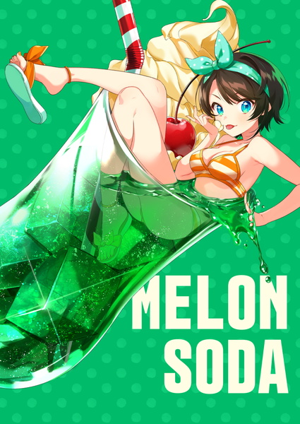 Anime picture 752x1062 with virtual youtuber hololive oozora subaru oozora subaru (3rd costume) nokachoco114 single tall image looking at viewer short hair blue eyes brown hair full body partially submerged official alternate costume polka dot green background polka dot background in container shoe dangle girl