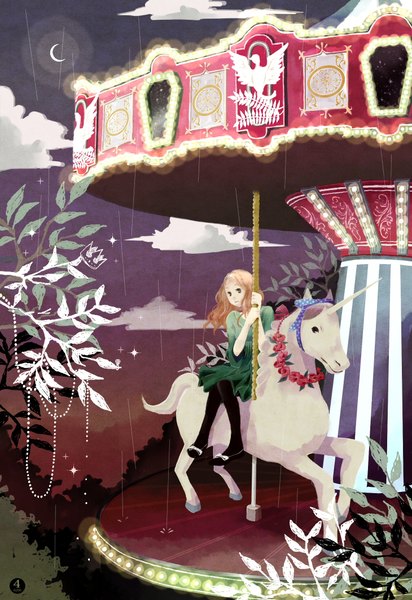 Anime picture 1460x2122 with shigatsuya (artist) long hair tall image blonde hair brown eyes sky cloud (clouds) horn (horns) night rain girl dress flower (flowers) plant (plants) moon jewelry crown horse carousel