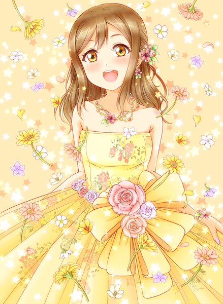 Anime picture 731x1000 with love live! sunshine!! sunrise (studio) love live! kunikida hanamaru hiro9779 single long hair tall image looking at viewer blush breasts open mouth light erotic simple background smile brown hair standing bare shoulders yellow eyes :d