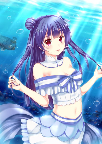 Anime picture 2480x3507 with love live! sunshine!! sunrise (studio) love live! tsushima yoshiko rock.fc (artist) single long hair tall image looking at viewer blush fringe highres breasts smile red eyes bare shoulders blue hair cleavage blunt bangs parted lips