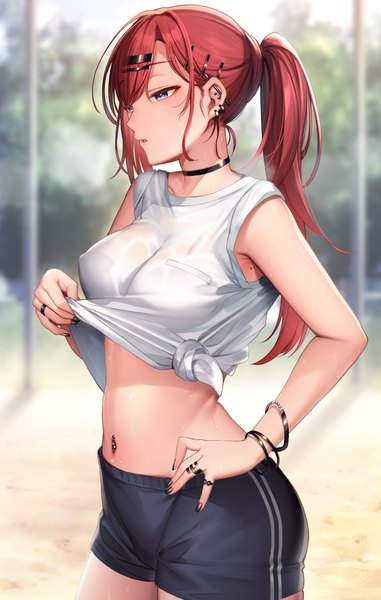 Anime picture 2160x3400 with original nanafuton single long hair tall image blush fringe highres breasts open mouth blue eyes light erotic red eyes large breasts standing looking away outdoors ponytail nail polish profile
