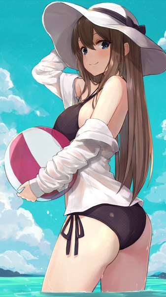 Anime picture 1000x1777 with original kou v05first single long hair tall image looking at viewer blush fringe breasts blue eyes light erotic smile hair between eyes brown hair standing bare shoulders holding payot sky cloud (clouds)