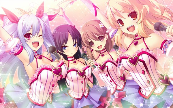 Anime picture 1920x1200 with chu x chu idol 2 prismatic princess union stars chuchu astram takamachi yukino long hair highres short hair open mouth blue eyes black hair blonde hair smile red eyes brown hair wide image multiple girls brown eyes blue hair game cg one eye closed