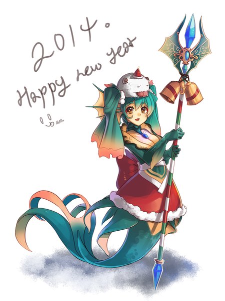 Anime picture 1000x1333 with league of legends poro (league of legends) nami (league of legends) nellen single tall image simple background smile white background tail orange eyes new year happy new year fish tail 2014 girl staff mermaid