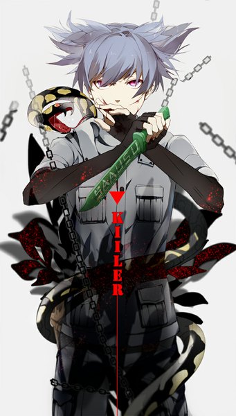 Anime picture 670x1178 with ansatsu kyoushitsu shiota nagisa ecsrin tall image looking at viewer fringe short hair blue eyes simple background white background blue hair shadow crossed arms fighting stance bleeding boy uniform animal blood chain