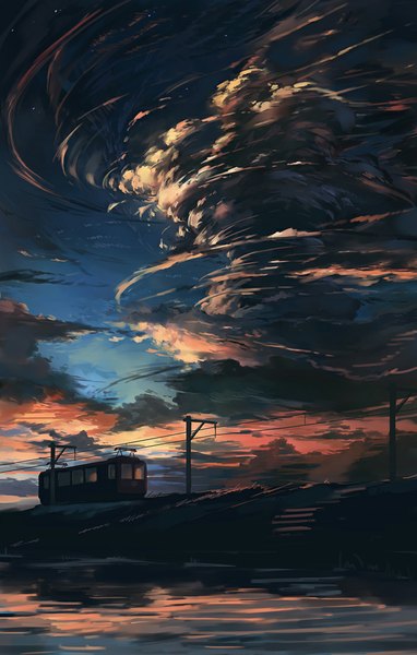 Anime picture 701x1100 with original huanxiang huifeng tall image sky cloud (clouds) evening sunset no people landscape scenic water star (stars) power lines train