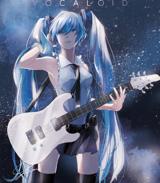 Anime picture 1000x1142 with vocaloid hatsune miku ihciuy0211 single tall image fringe hair between eyes twintails bare shoulders brown eyes signed blue hair looking away very long hair copyright name hand on headphones girl thighhighs black thighhighs headphones