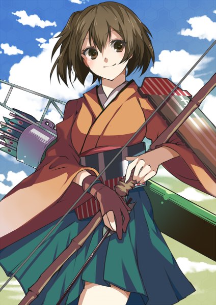 Anime picture 849x1200 with kantai collection hiryuu aircraft carrier katayama kei single tall image blush short hair smile brown hair brown eyes looking away sky cloud (clouds) traditional clothes japanese clothes girl weapon bow (weapon) arrow (arrows)